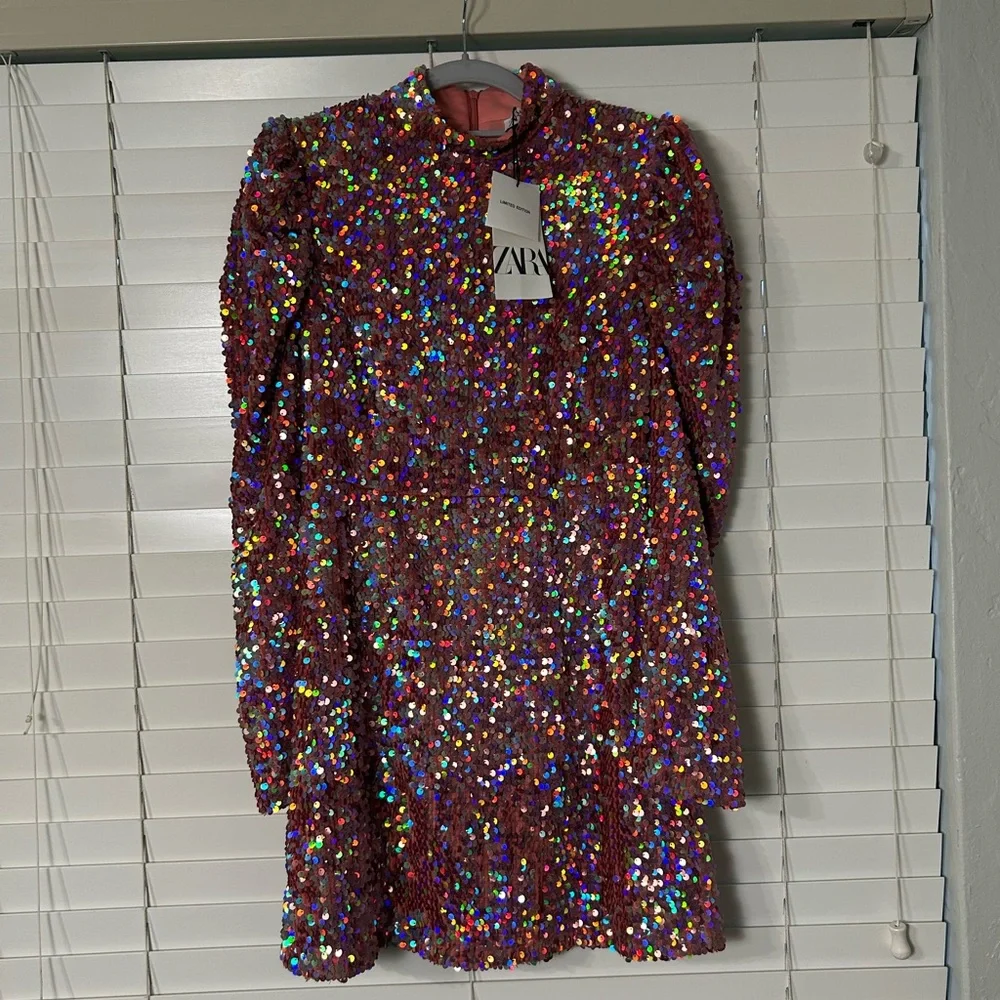 Zara Pink Sequin Long Sleeve Dress - Picture 3 of 8